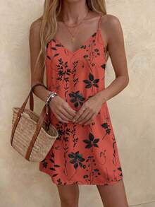 Sylviya Đầm mini dáng rộng in họa tiết retro dành cho nữ, thích hợp cho mùa xuân và mùa hè, kiểu dáng thanh lịch, thường ngày. - Gỗ đỏ - Xem 3