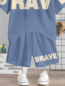 SHEIN 男童休闲简约T恤短裤套装，经典勇敢文字图案印花 - 彩色 - 查看 5