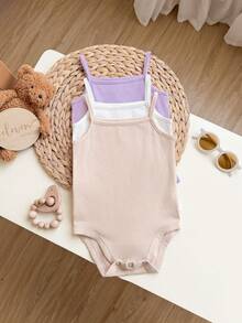 SHEIN 3pcs/Set Casual Minimalist Solid Color Knit Camisole Bodysuit For Baby Girl, Baby Girl - Multicolor - View 3