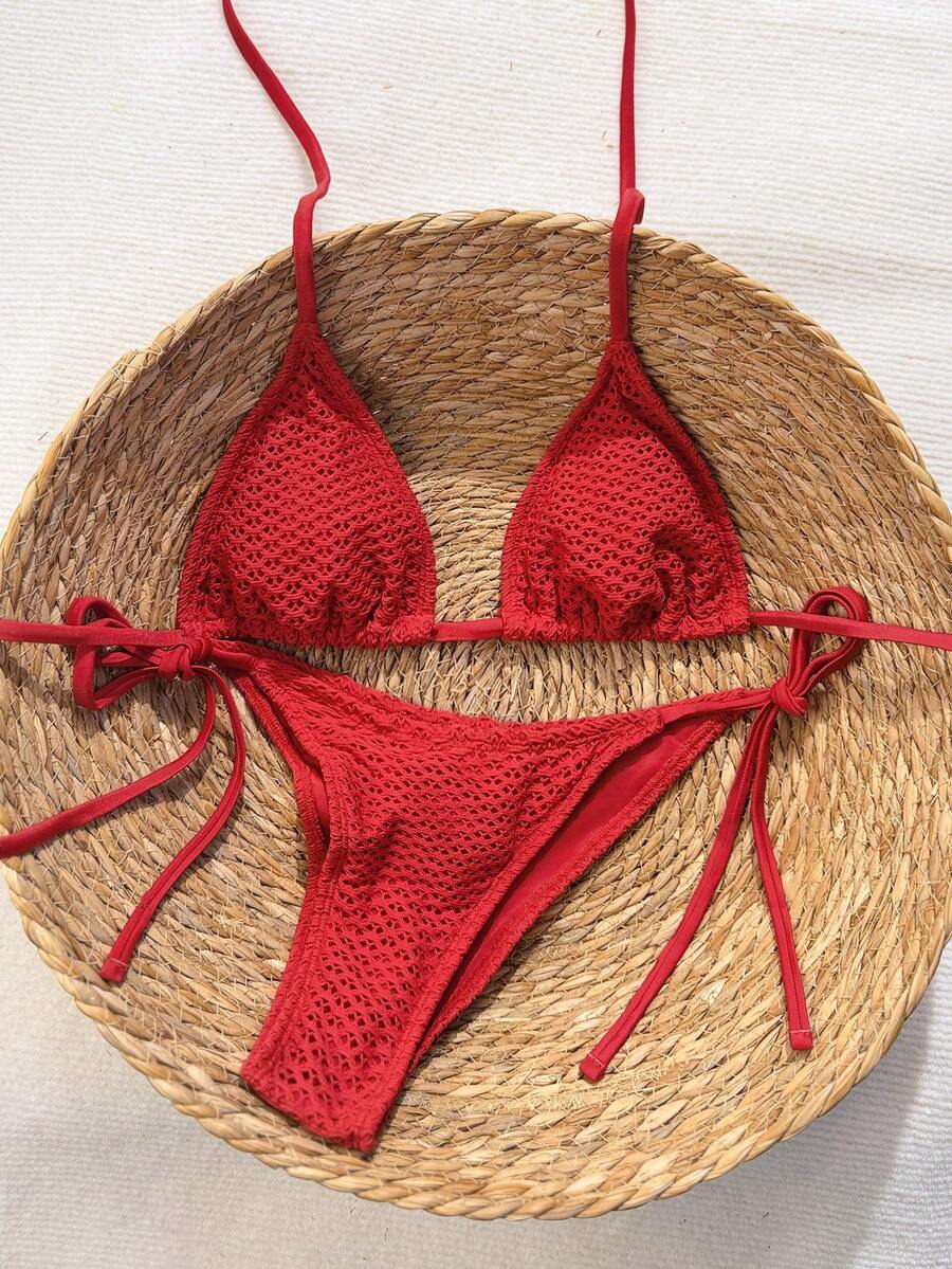 Swim Vcay 2026春夏纯色特殊面料女士泳衣，吊带露背性感侧系带丁字比基尼两件式泳装 - 紅色 - 查看 1