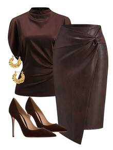 Ellevyn Chân váy bút chì dài đến đầu gối màu đen bằng chất liệu giả da, kiểu dáng thắt nút, dành cho nữ, đa năng. - Rỉ Nâu - Xem 2