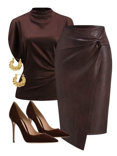 Ellevyn Women's Black PU Knotted Knee-Length Pencil Skirt, Versatile,Summer Outfits For Women