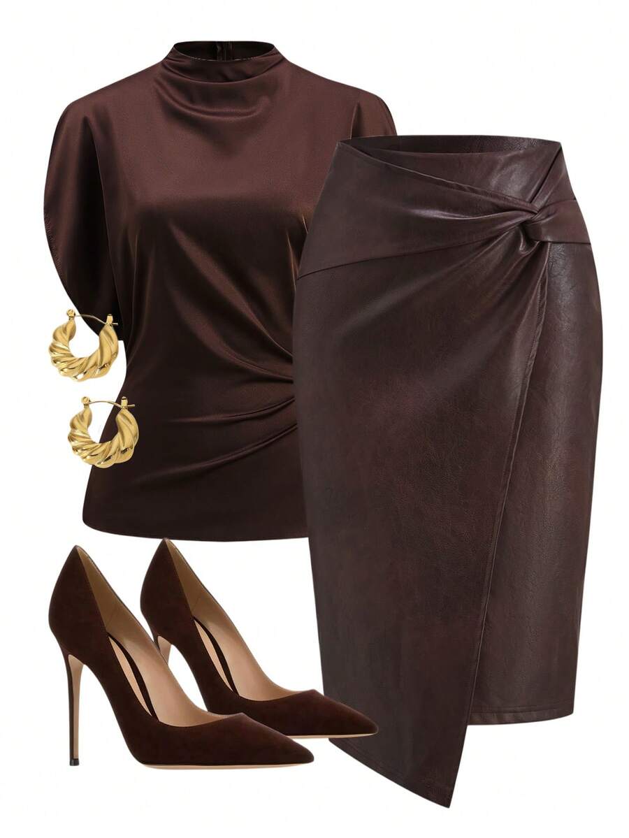 Ellevyn Chân váy bút chì dài đến đầu gối màu đen bằng chất liệu giả da, kiểu dáng thắt nút, dành cho nữ, đa năng.