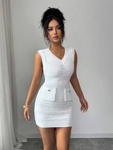 Balvessa Vestido ajustado de Body con cuello en V sin mangas, con bolsillos con botones metálicos y textura elegante de suéter - Blanco - Ver 5