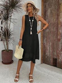 EMERY ROSE Casual Solid Color Round Neck A-Line Summer Dress, Women Summer Dress,Casual - Black - View 6