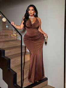NU&NOW Women's Plus Size Chocolate Brown Summer Elegant Mermaid Maxi Dress, Draped Neck Ruched Halter Tie Glossy Formal Evening Gown, Prom Outfits - Brown - View 5