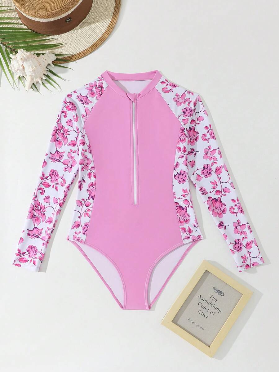SHEIN 女童长袖印花连体泳衣,适合水疗中心、度假村和海滩穿着。 - 紫色 - 查看 1