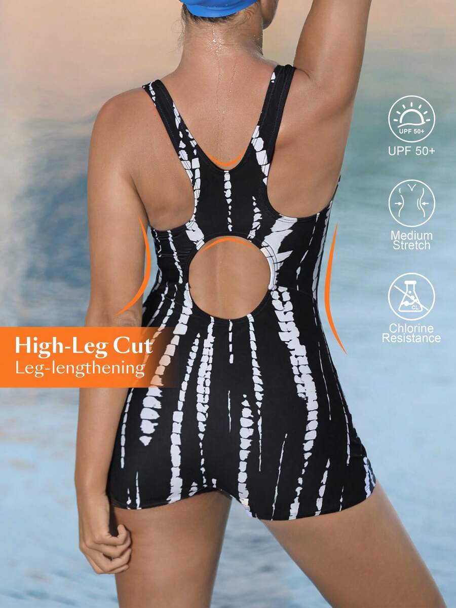 Swim Nautrix Áo tắm liền thân nữ màu xanh lam-xanh lá cây chuyển sắc, kiểu dáng racerback, thiết kế khoét rỗng. - Đen và trắng - Xem 1