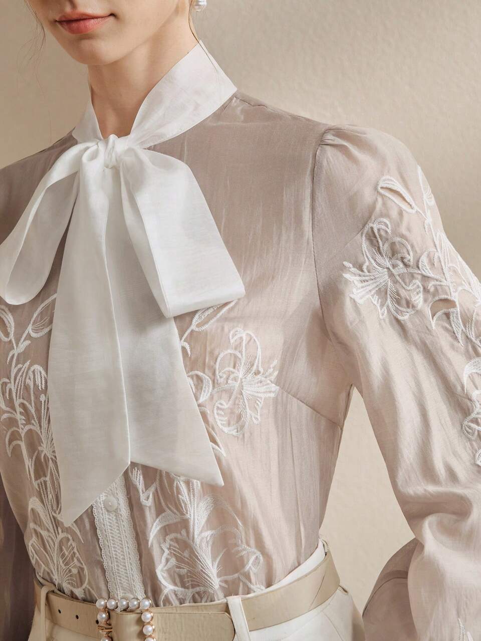 Anewsta Women's Vintage Embroidered Linen-Look Tie Collar Long Sleeve Blouse,Elegant Gray Autumn Top For Tea Party,French Style Formal Working Attire