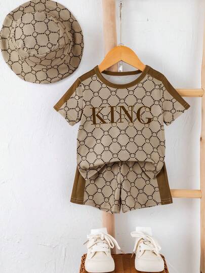 SHEIN 3pcs/Set Baby/Baby Boy Casual Colorblock Short Sleeve T-Shirt, Knit Top, Shorts And Sun Hat Set, Spring/Summer Outfit
