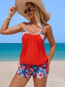 Swim Lushoire Bộ đồ bơi nữ 2 món in họa tiết cây nhiệt đới, rộng rãi và thoải mái, áo tankini và quần bơi che phủ vừa phải vùng bụng, thời trang, thanh lịch, phù hợp cho kỳ nghỉ biển, tiệc bể bơi và mọi mùa. - trái cam - Xem 3