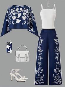 3件套少女休闲度假风亚麻印花衬衫、吊带背心和裤子套装 - 藍色 - 查看 3