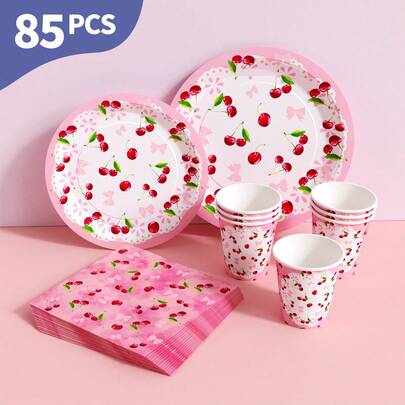 Pink Base Bow & Cherry Disposable Plates, Napkins And Cups Set, Serves 20 Guests. This Disposable Party Supplies Set (Including Plates, Napkins And Cups) Is Perfect For Birthday Parties, Weddings And Family Picnics.