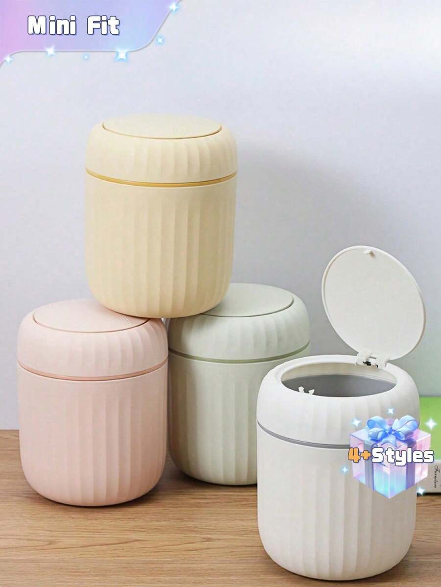 1 Piece Modern Minimalist Desktop Trash Can With Lid, ABS+PP Material, White, Hands-Free, Compact For Home, Bedroom, Office, Including 5 Rolls (15pcs/Roll) Random Color Trash Bags For Kitchen, Bathroom 1pc Press-Top Mini Trash Can - Durable PP Material, Compact Desktop Waste Basket For Office, Bedroom, Living Room - Multicolor - View 1