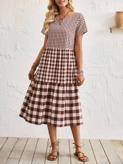 Florisole Vestido midi elegante y versátil de manga corta con cuello redondo y en V, con estampado de cuadros vintage y parches, para vacaciones y uso casual, primavera/verano para mujeres