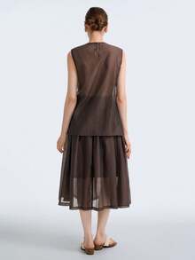 SHEIN Stylify 女士百褶圆领无袖上衣和迷你裙两件套，优雅设计 - 咖啡棕 - 查看 4