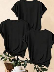 EMERY ROSE 3pcs Set Summer Casual English Letter And Heart Print T-Shirts, Short Sleeve Round Neck Graphic Tees Women Tops - Multicolor - View 2