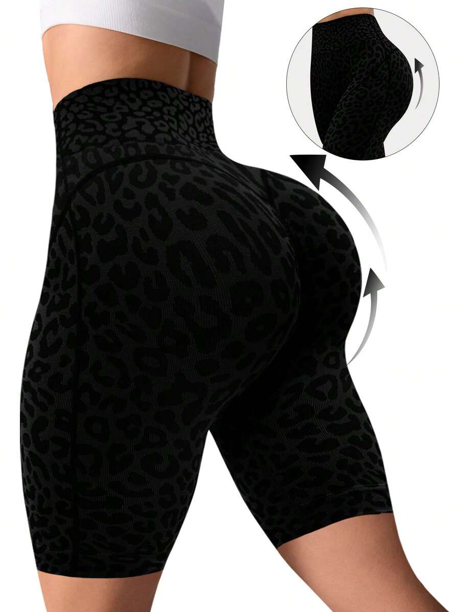 Slayform 1 chiếc quần short thể thao nữ không đường may, gợi cảm, họa tiết da báo 3D, thích hợp cho chạy bộ, tập thể dục, yoga, đạp xe. - màu đen - Xem 1
