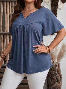 Enliva Plus Size Women Summer Solid Color Notched V-Neck Short Sleeve Casual T-Shirt - Dusty Blue - View 3