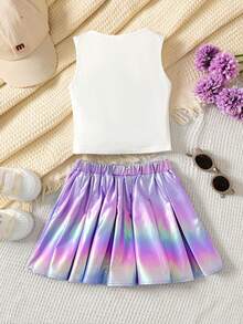 2pcs/Set Young Girls' White Printed Tank Top+Colorful Laser Holographic Pleated Skirt,Summer Casual Fashionable Versatile For Party Outing Vacation - Multicolor - View 2