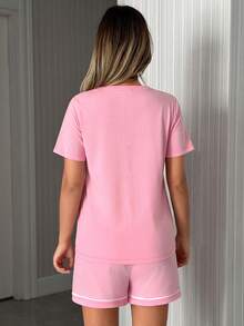 SHEIN 2 Stücke Baumwoll-Damen Schlafanzug Set mit niedlichem Herz-Muster, Kurzarm Oberteil + Shorts, bequem und gemütlich für Zuhause - Pink - Übersicht 2