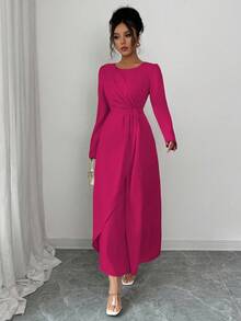 Elenzga Women's Solid Color Round Neck Pleated Elegant Long Sleeve Dress - Hot Pink - View 4