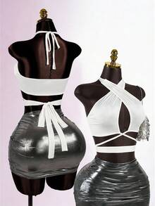 SaltGleam SaltGleam 女士时尚镂空交叉吊带背心，纯色绷带肩带休闲街头风百搭上衣 - 白色 - 查看 4