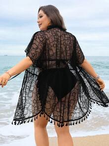 Swim Lushoire Plus Size Women Vacation Sheer Mesh Fringe Kimono Cover Up - Black - View 2