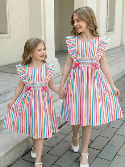 1pc Girls Colorful Striped Print Dress, Round Neck, Ruffle Trim Sides, Bow Tie Waist, Flared Hem, Casual & Fashionable, Suitable For Summer Vacation