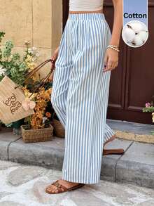 SHEIN Frenchy Pantalones anchos de rayas casuales y versátiles para uso diario de mujer - Azul y blanco - Ver 7