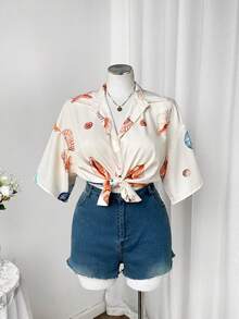 Sweetra Blusa holgada de talla grande para mujer con estampado de paisaje marino, elegante y casual, estilo de vacaciones, para primavera/verano - Albaricoque - Ver 6