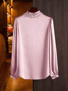 Modelyn Blusa elegante de talla grande de manga larga, cuello alto y ajustada con volantes de unicolor, para primavera/otoño - Rosa Pálido - Ver 2
