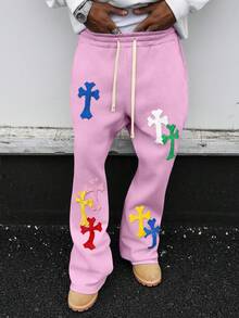 PAVTROS Men's Drawstring Waist Cross Embroidery Casual Sweatpants - Pink - View 6