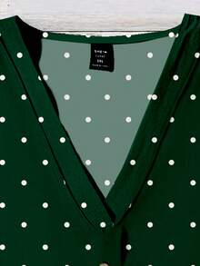 EMERY ROSE Plus Size Casual Minimalist Polka Dot Print Ruffle Hem Shirt, Suitable For Summer - Dark Green - View 5