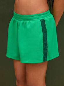 COUREZ Low Rise Mid Length Sports Shorts With Lace Side Detail / Y2K Summer Clothes For Women Summer Outfits For Women Green Shorts Festival Outfits Concert Outfits Spring Outfits For Women - Green - View 5