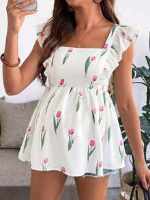 SHEIN Áo bầu cổ vuông tay ngắn in hoa - trắng - Xem 1