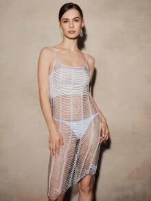 White Chain Layered Splice Hollow Out Slip Dress, Sophisticated Women's Theme Party Avant-Garde Stylish Piece - White - View 1