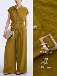 Aalyst 女士短袖系带上衣+宽松阔腿裤休闲两件套 - 黃色 - 查看 6