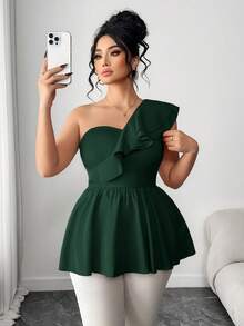 Elenzga Plus Size Women's Fashionable Red Bustier Camisole, Ruffle Patchwork Elegant Party Wear Sleeveless Camisole Top, Suitablalloween, Thanksgiving, Easter, National Day, Prom, Date, Wedding, Outdoor Activities Nice Dresses For Ladies Best Selling Dresses Latest Dress Classy Dresses For Women High Quality Dress Ruffle Trim Dress Green Dress One Shoulder Dress - Dark Green - View 1