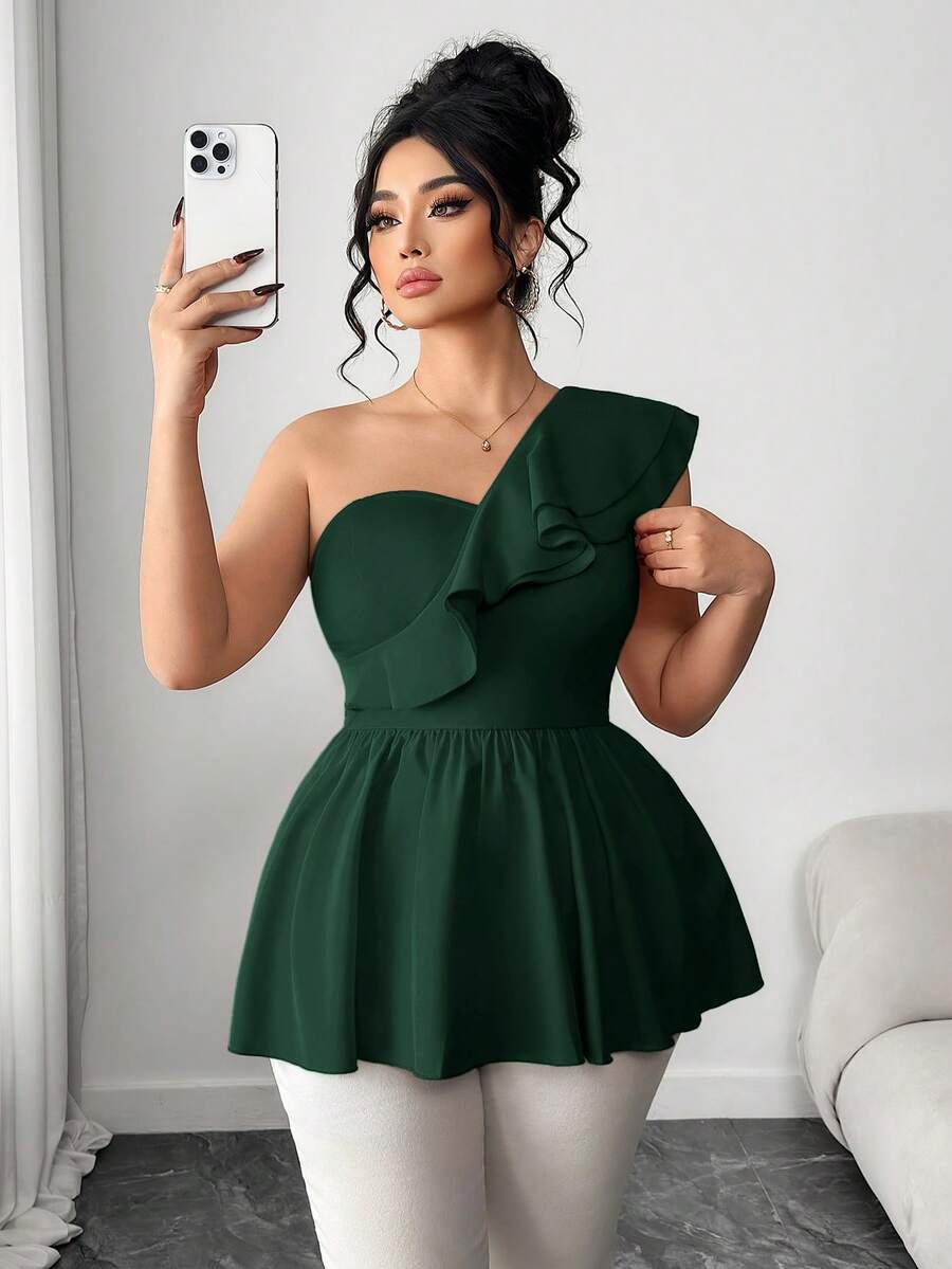 Elenzga Plus Size Women's Fashionable Red Bustier Camisole, Ruffle Patchwork Elegant Party Wear Sleeveless Camisole Top, Suitablalloween, Thanksgiving, Easter, National Day, Prom, Date, Wedding, Outdoor Activities Nice Dresses For Ladies Best Selling Dresses Latest Dress Classy Dresses For Women High Quality Dress Ruffle Trim Dress Green Dress One Shoulder Dress - Dark Green - View 1