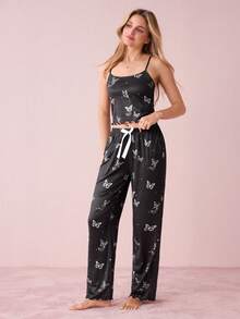 Butterfly Printed Spaghetti Strap Top & Pants Pajama Set - Black - View 4