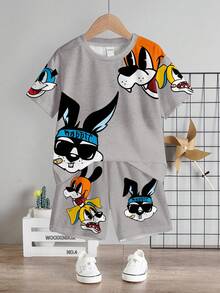 2pcs/Set Young Boy Casual Minimalist Cartoon Rabbit Print Short Sleeve T-Shirt And Shorts, Suitable For Summer Retro Outfit For Kids Kids Fashion Young Boys Clothes Ootd For Kids - Multicolor - View 3