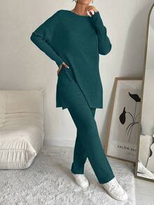Cottnline 100%Cotton Women's Solid Color Striped Round Neck Top And Pants Two Piece Set - Mint Green - View 3
