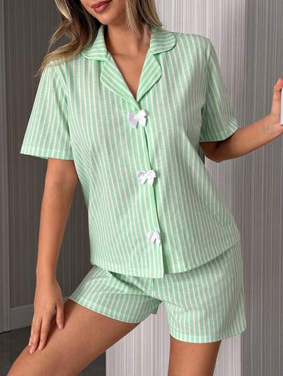 SHEIN Cotton Women 2 Pcs Green With Striped Pattern Bow Button Front Detail Short Sleeved Shirt&Shorts Homewear Casual Homewear Pajama Set