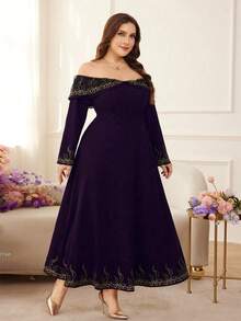 Modelyn Plus Size Women's Elegant Minimalist Retro Elegant Off-Shoulder Petal Sleeve Dress With Gold Floral Trim - Purple - View 5
