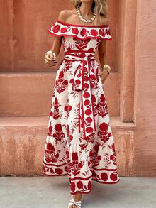 Selianne 优雅印花长裙，女士夏季度假时尚露肩腰带连衣裙，适合海滩度假 - 紅色 - 查看 4