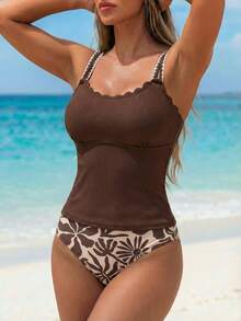 Swim Lushoire Women's Brown Summer Casual Beach Holiday Vacation Contrast Lace Tankini Swimwear Set,Elegant Two-Piece Holiday Bikini,Removable Pads - Multicolor - View 10