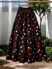 SHEIN LUNE Women's Valentine's Day Heart All-Over Print Midi Skirt,High-Waisted Elastic Waist Flared Long Skirt,Black And Pink,Autumn,Conservative,Beach,Holiday - Multicolor - View 7