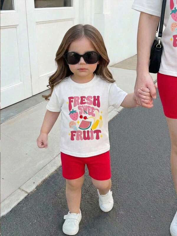 SHEIN 这款两件套可爱女婴休闲简约针织弹力涂鸦水果图案白色T恤和紧身短裤套装，适合生日派对、聚会、表演、婚礼、洗礼、开幕式、日常穿着、学校、郊游以及春夏季节。
