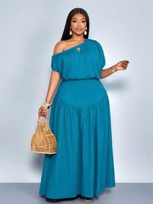 SOLERSUN Plus Size Women's Elegant Summer Sky Blue Slant Shoulder Pleated Maxi Dress - Teal Blue - View 5